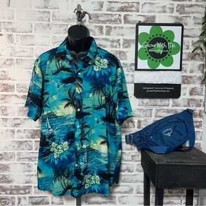Casual Blue and Green Button Down Shirt with Tropical Print
